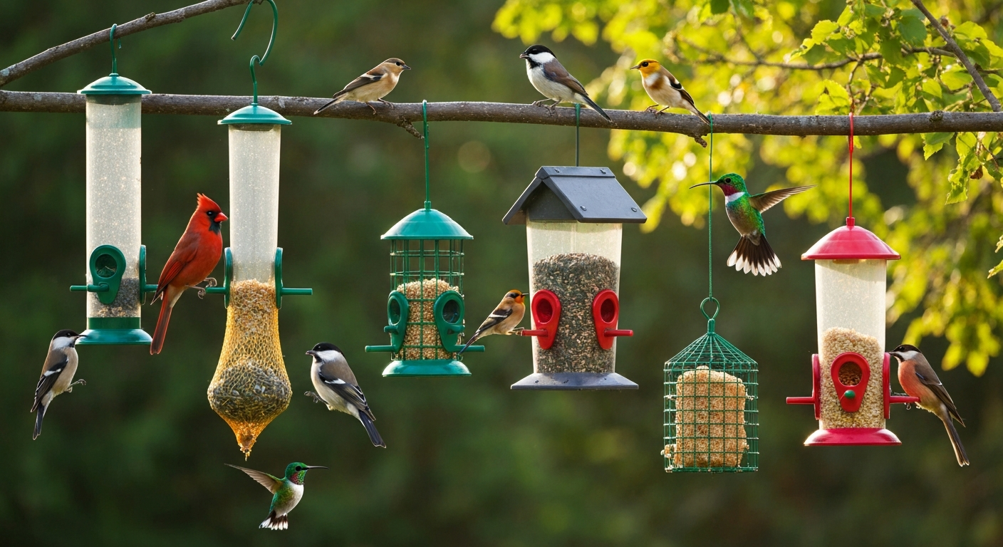 Backyard feeding station with several feeder types and various songbirds feeding.