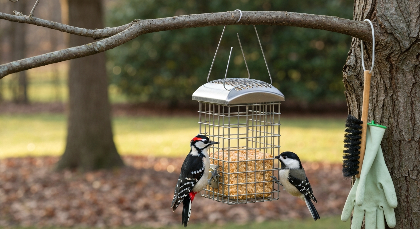Downy woodpecker and black-capped chickadee feeding on a firm peanut-butter suet cake in a clean stainless-steel suet cage hung in a backyard; cleaning brush and gloves visible in the background.