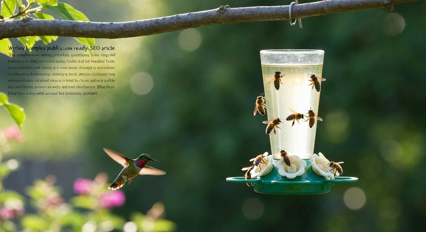 Hummingbird feeder with several bees clustered on the ports while a hummingbird hovers nearby in a shaded backyard setting.