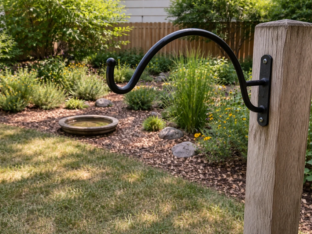 Empty bird feeder hanging hook in a tidy backyard with native plants and a bird-friendly water dish.
