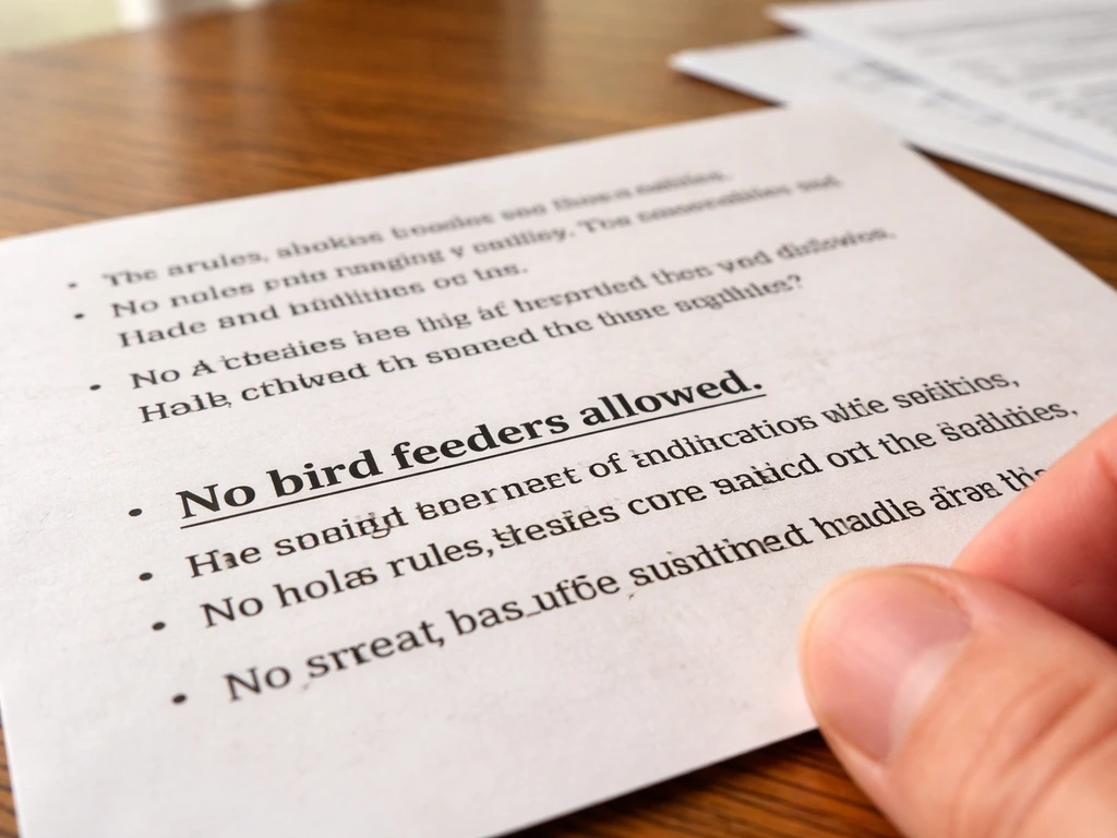 Close-up of a printed HOA rule page on a table showing “no bird feeders allowed”.