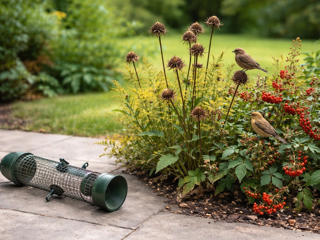 Removed seed feeder beside native berry/seed-head plants supporting small birds in a backyard garden.