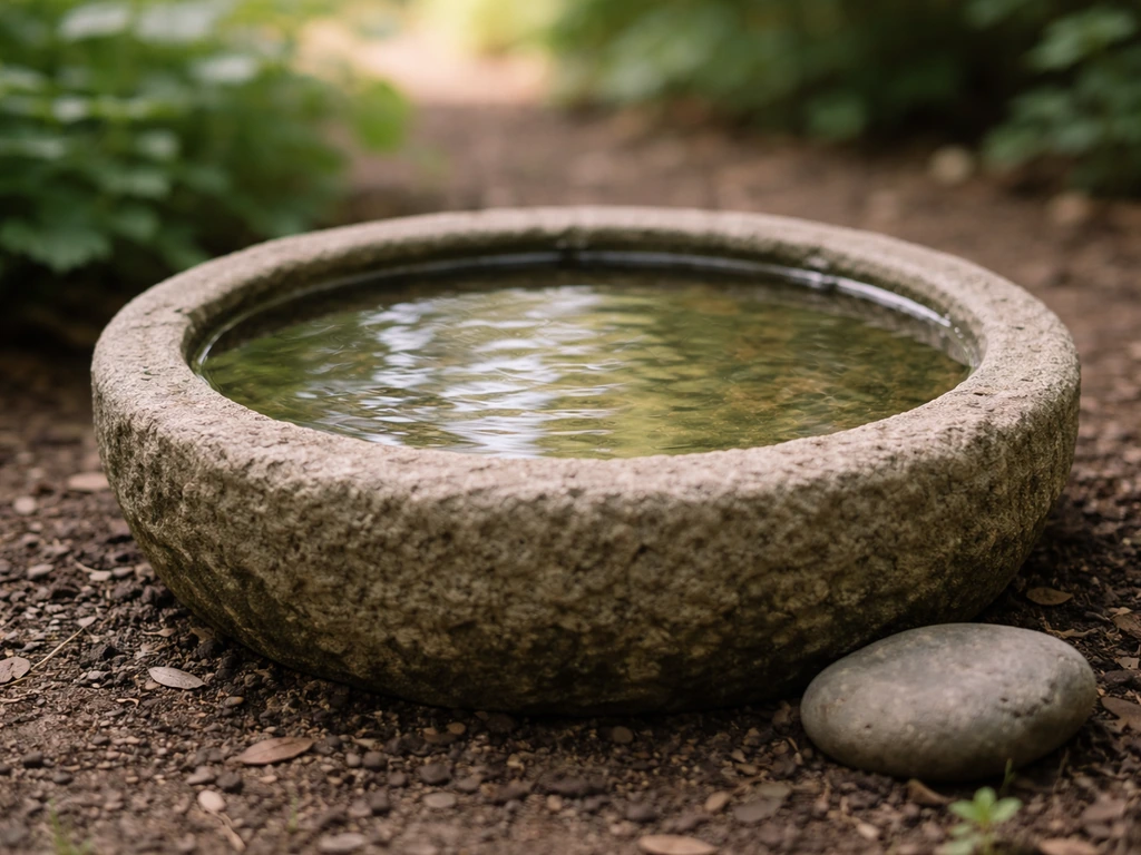 Close-up of a stone birdbath with clear fresh water and a nearby pebble for bird footing.