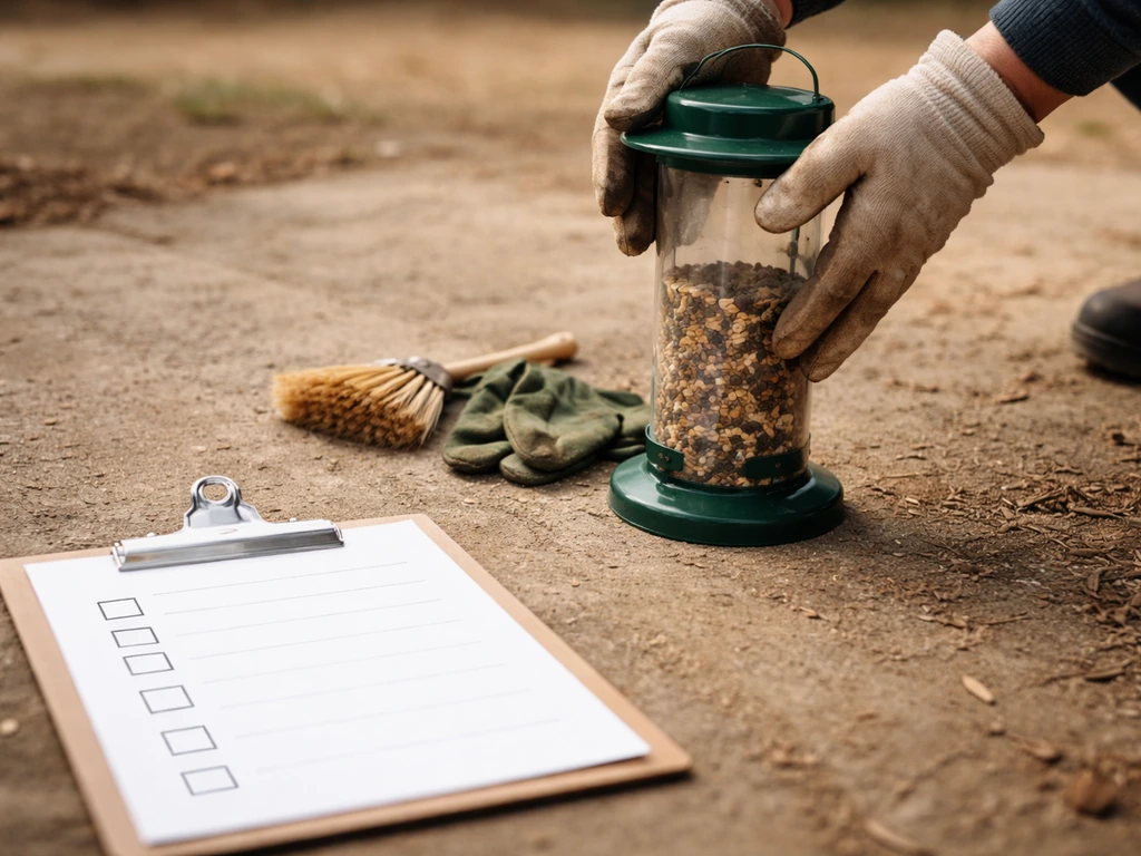 Gloved hands on the ground near a removed bird feeder, simple checklist-style setup in natural light
