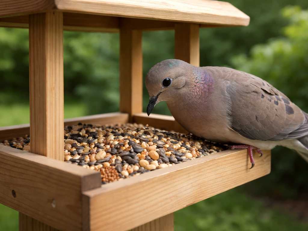 A mourning dove perched at a bird feeder, seeds in the tray and the dove clearly eating nearby.