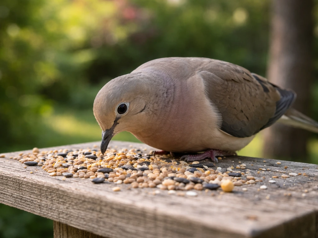 A mourning dove perched at a platform bird feeder, pecking visible seeds in soft daylight.