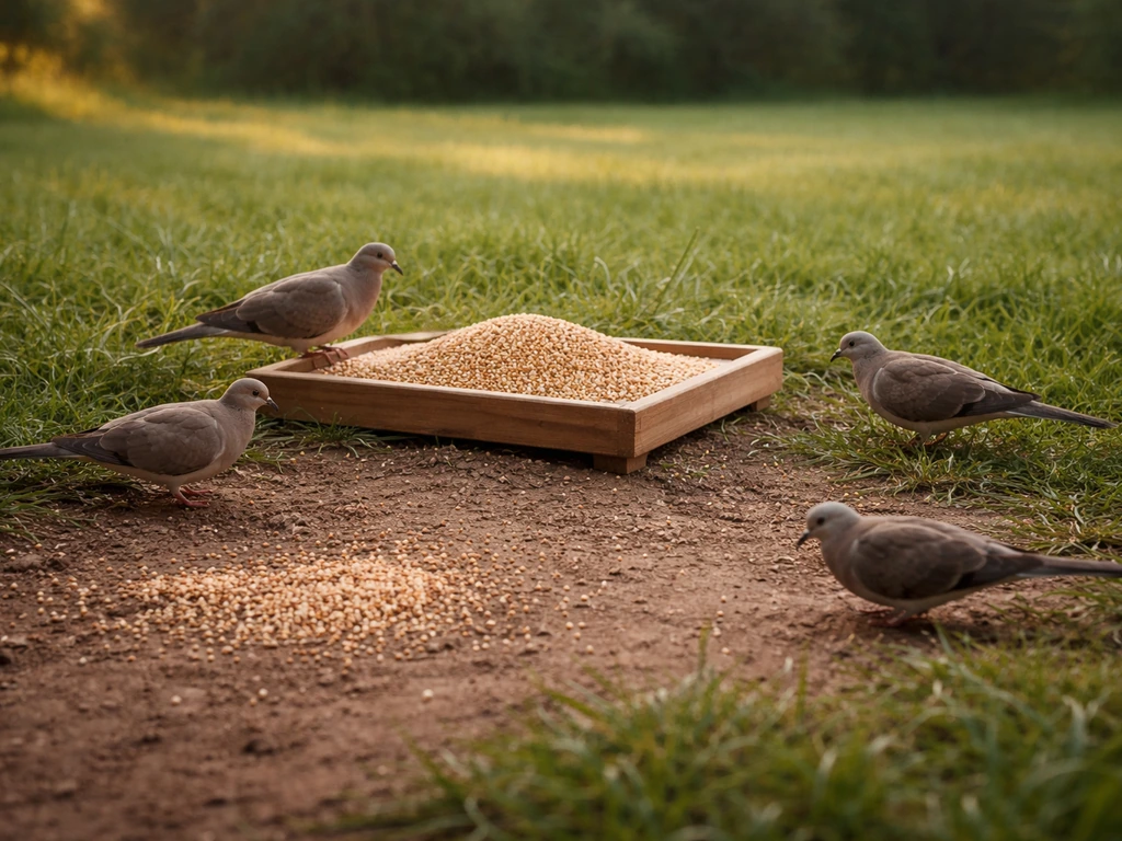Low platform feeder with millet and scattered seed on bare ground where doves walk nearby.