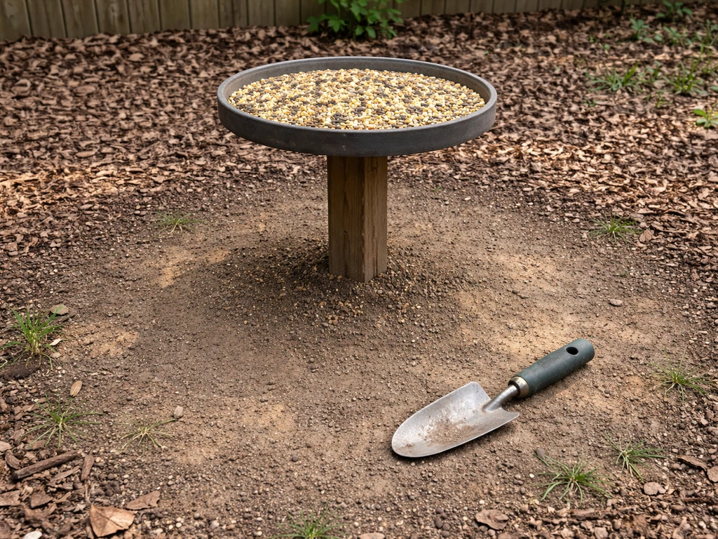 Mulch cleared to bare dirt under a platform bird feeder, showing improved ground access.