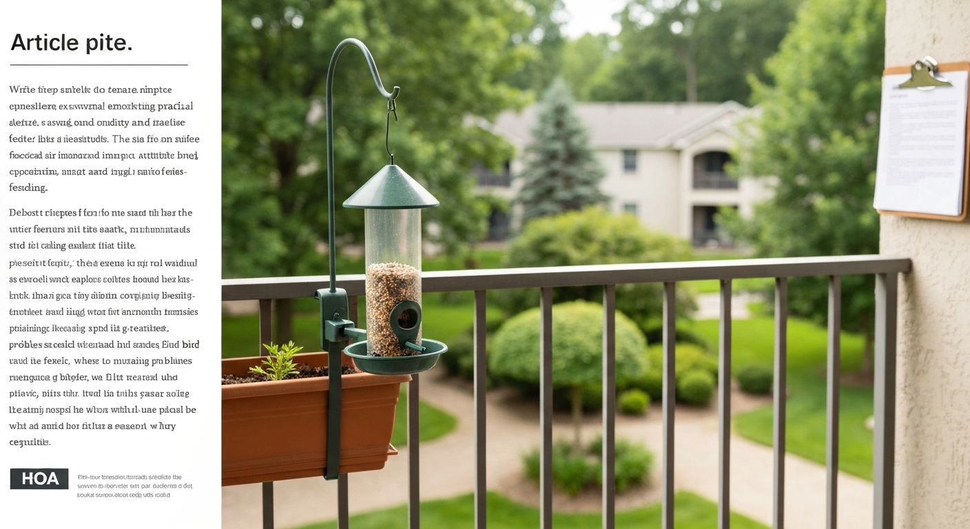 Photorealistic condo balcony scene with a clamp-on bird feeder and seed catcher attached to a railing, with a blurred HOA notice in the background.