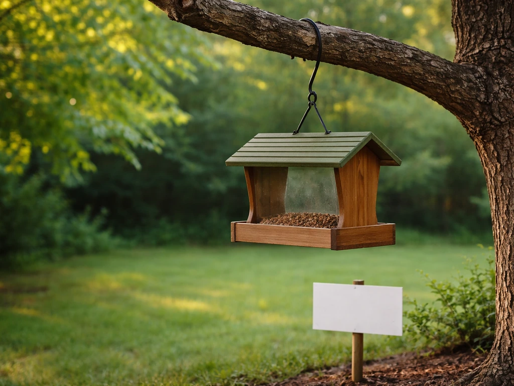 Backyard bird feeder on a branch with a small compliance sign nearby, suggesting feeding rules in effect.