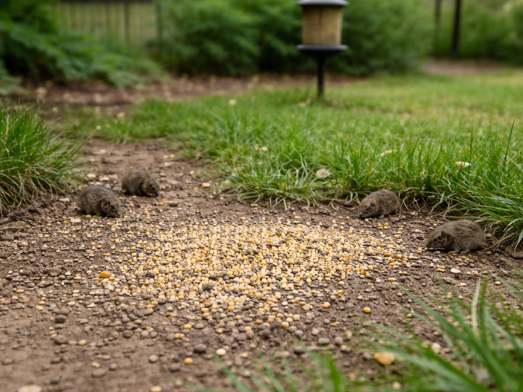 Spilled bird seed on the ground near a feeder, with small rodents lurking by a property edge