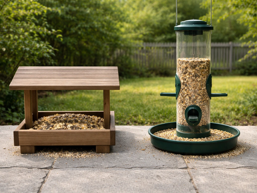Two bird feeders side by side—platform feeder and tube feeder with deep tray catching seed spill.