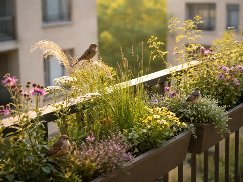 Balcony garden with native flowering plants and grasses attracting small birds, showing a no-feeder bird-friendly setup.