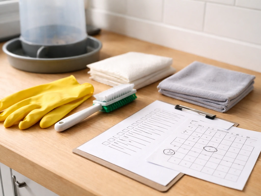 Feeder cleaning tools beside a printed weekly/monthly checklist and calendar on a kitchen workbench.