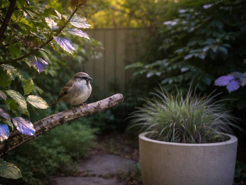 A small yard with a bird perched near leaves showing UV-like color shifts in natural light.