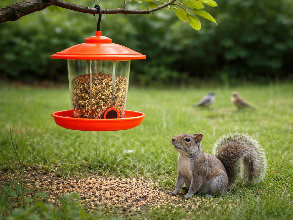 Bright unusual bird feeder with a squirrel nearby and wary birds perched farther away in a backyard.