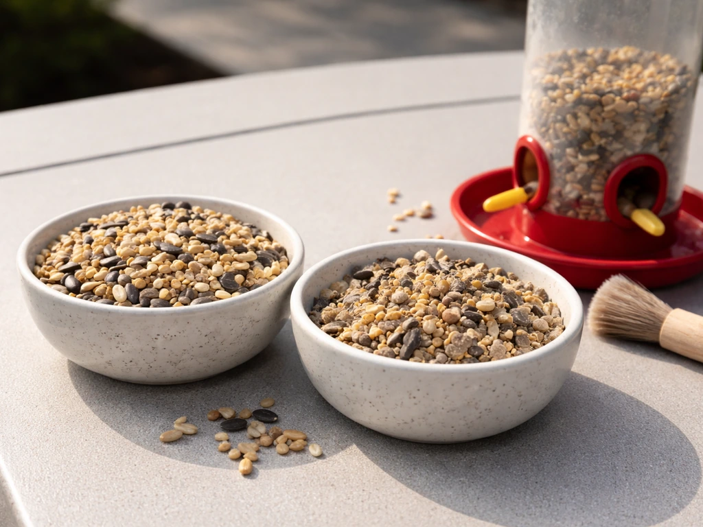 Two bowls of bird seed—fresh and clumped—next to a cleaned feeder ready to refill