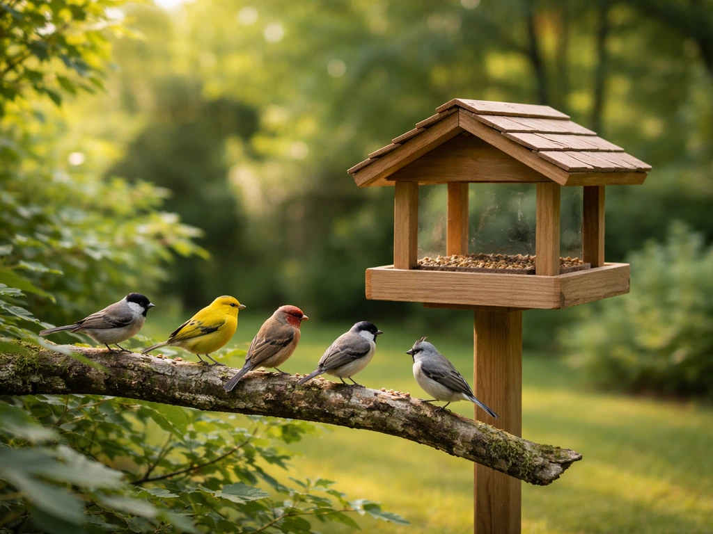 Multiple small birds feeding from a backyard bird feeder on a natural branch in a safe, inviting yard.