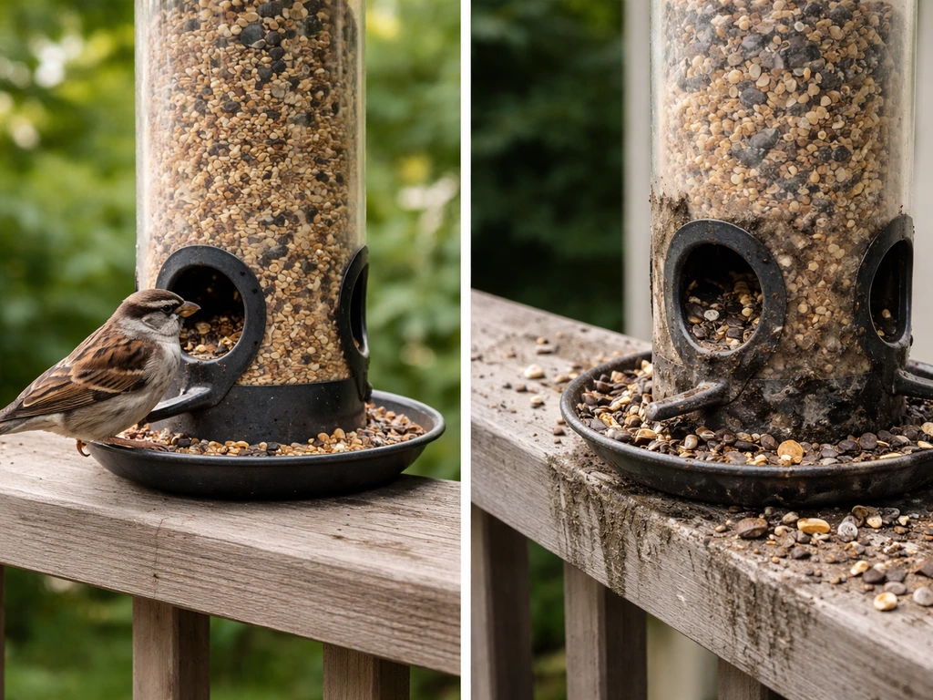 Split image: clean bird feeder with a small bird vs. close-up of dirty, moldy feeder buildup.