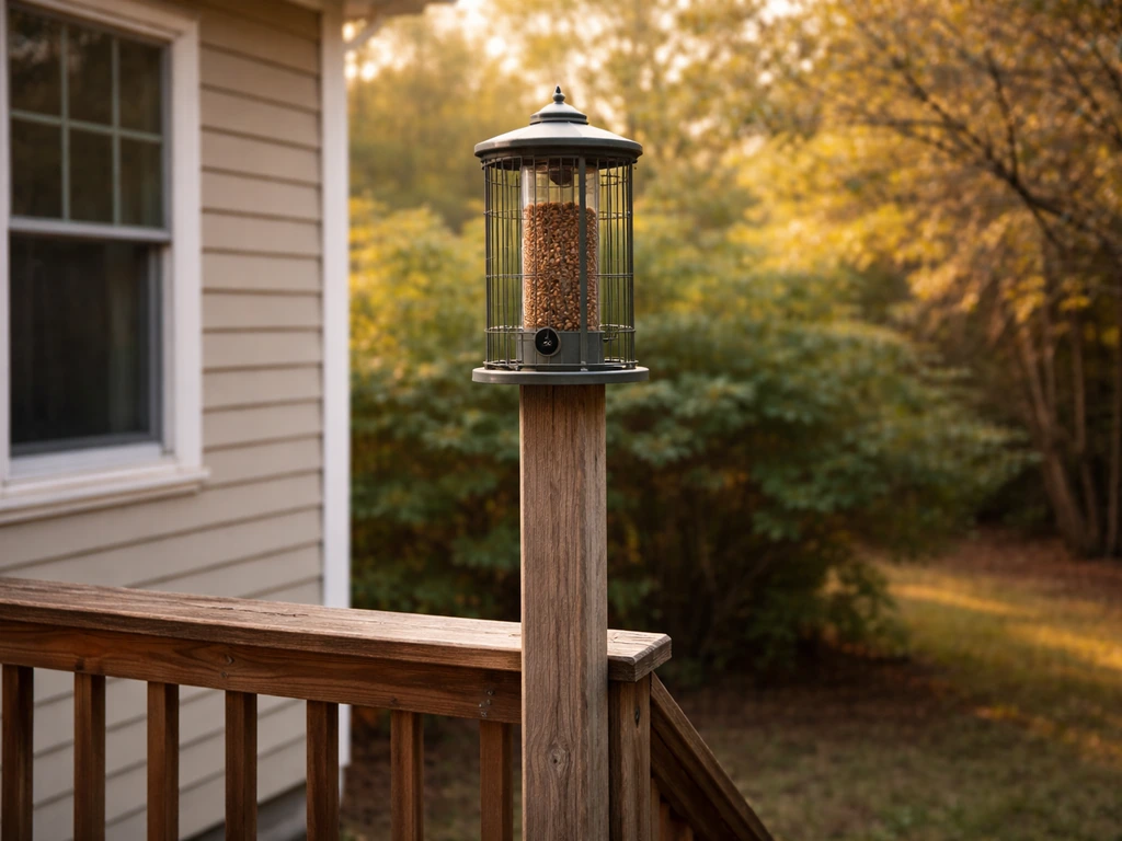 Backyard feeder mounted about 6 feet high on a post, spaced away from windows to reduce risk.