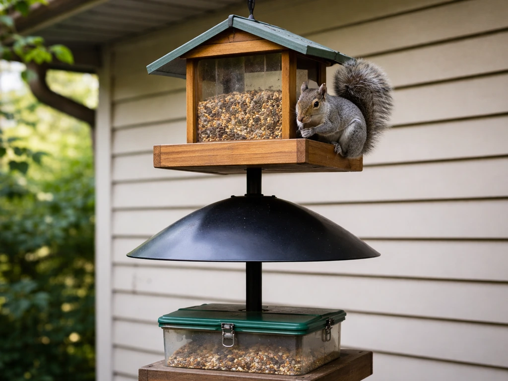 A squirrel on a bird feeder with a guard/baffle in place, with a secured area nearby.