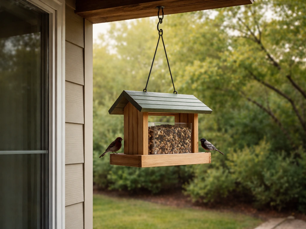 Backyard bird feeder hanging near a window with nearby shrubs for cover, birds perched calmly.