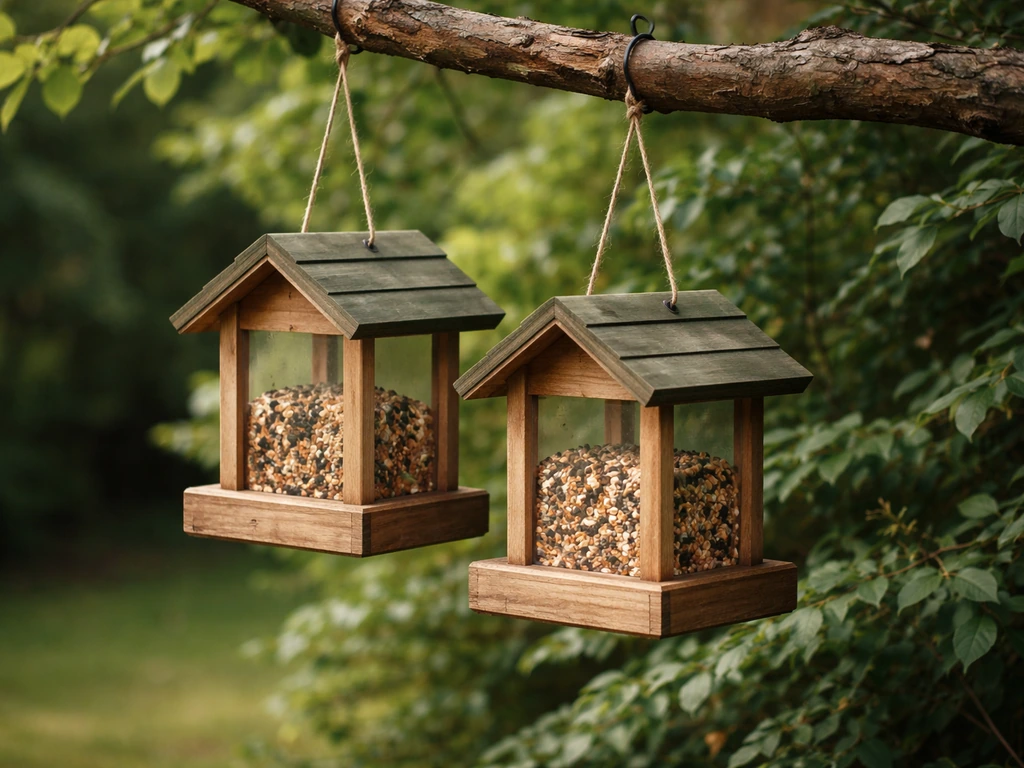 Two hanging bird feeders placed beside dense shrubs and trees, showing near-cover placement for songbirds.