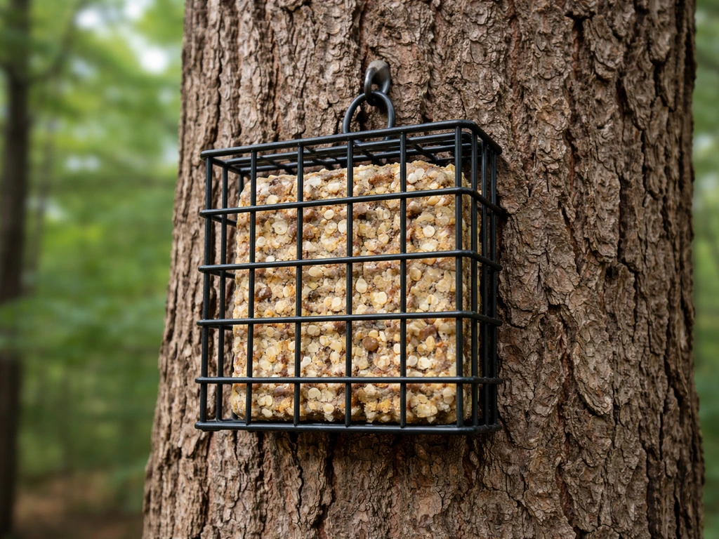 Suet cage feeder mounted on a tree trunk, emphasizing vertical bark and close proximity for woodpeckers.