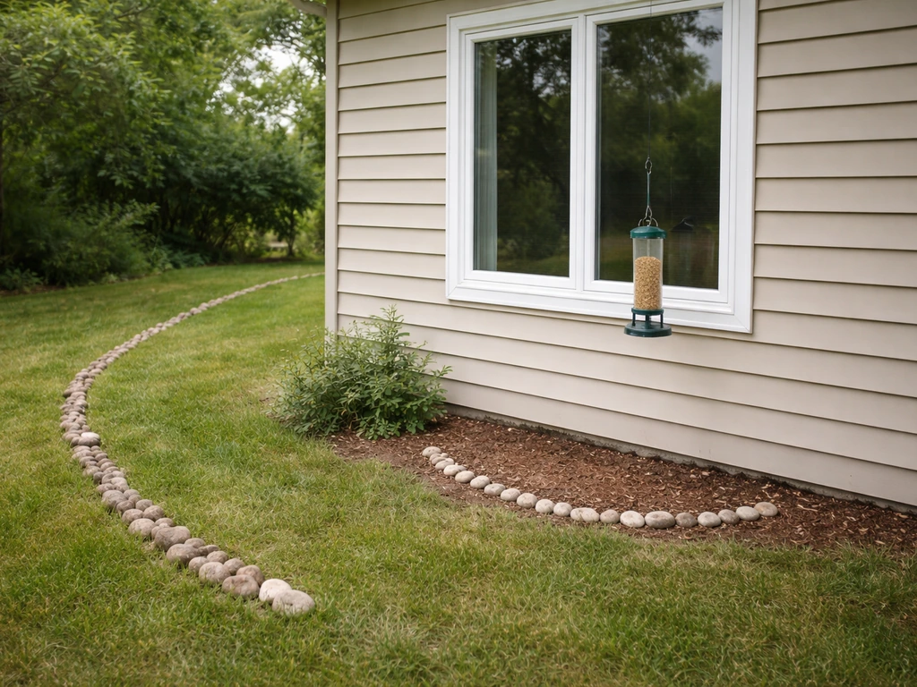 Home window with bird feeder and two distant ground-marker safe zones showing near and far placement.