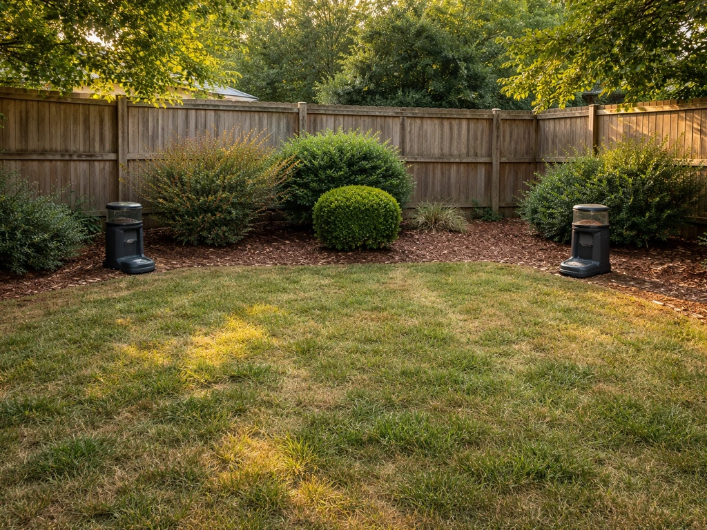 Two pet feeders placed far apart along a yard perimeter with shrubs providing natural cover lines.