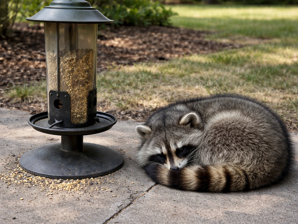 Coiled raccoon beside a bird feeder with spilled seed on the ground.