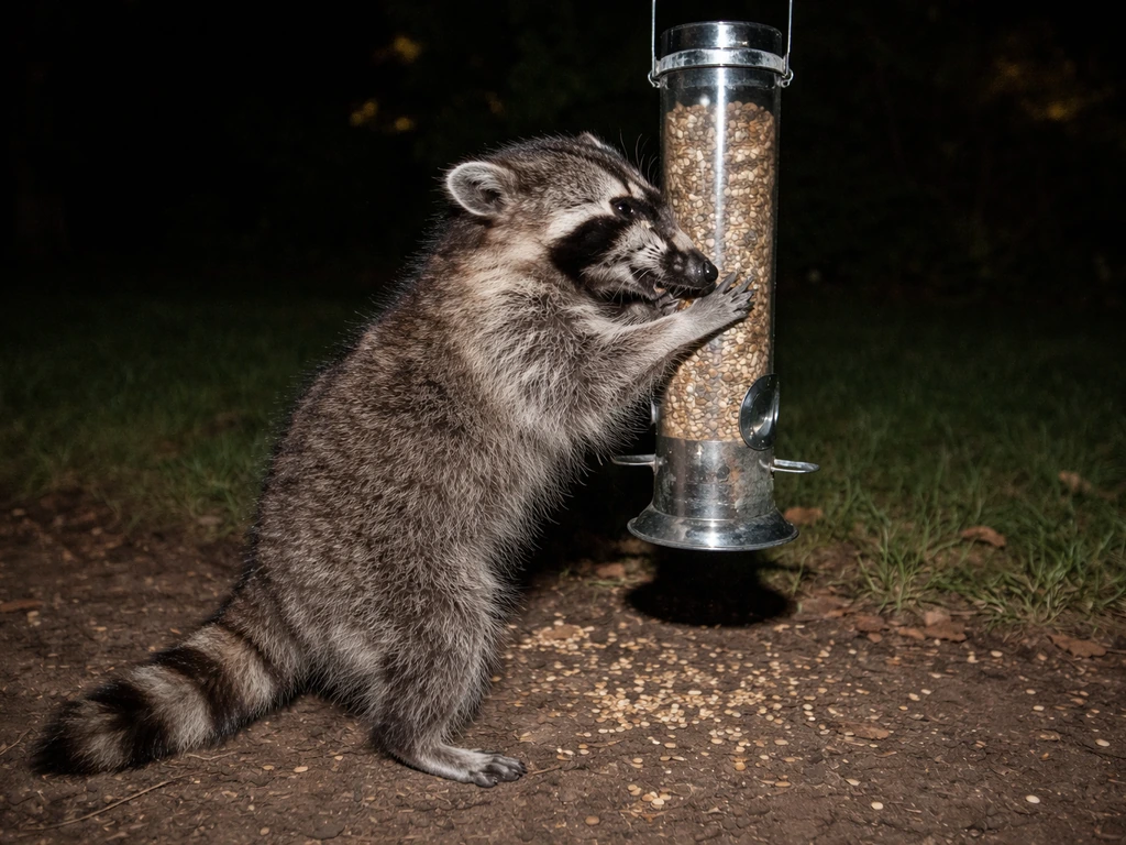 Raccoon hanging from a tube bird feeder, reaching inside to steal seeds.