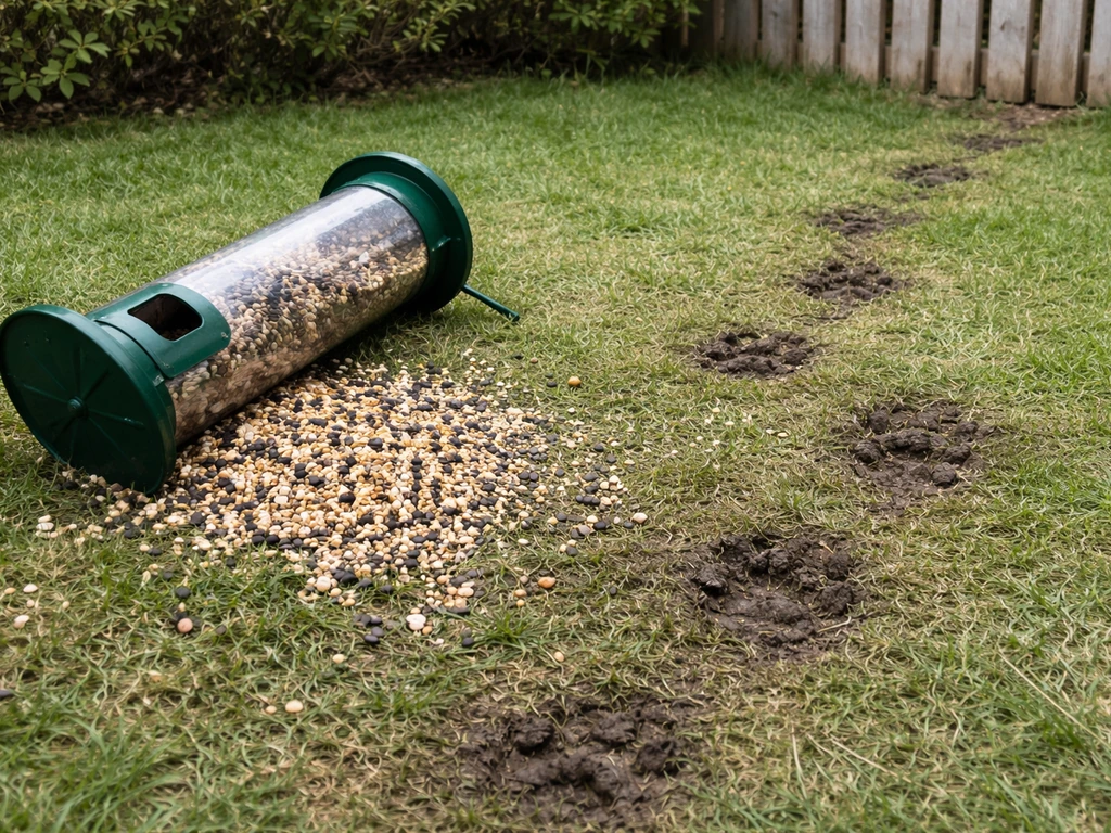 Tipped bird feeder on grass with spilled seed and muddy raccoon-like paw marks nearby.