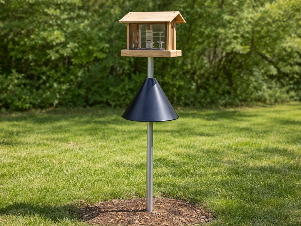 Bird feeder mounted high on a smooth metal pole with a baffle blocking raccoons from climbing.
