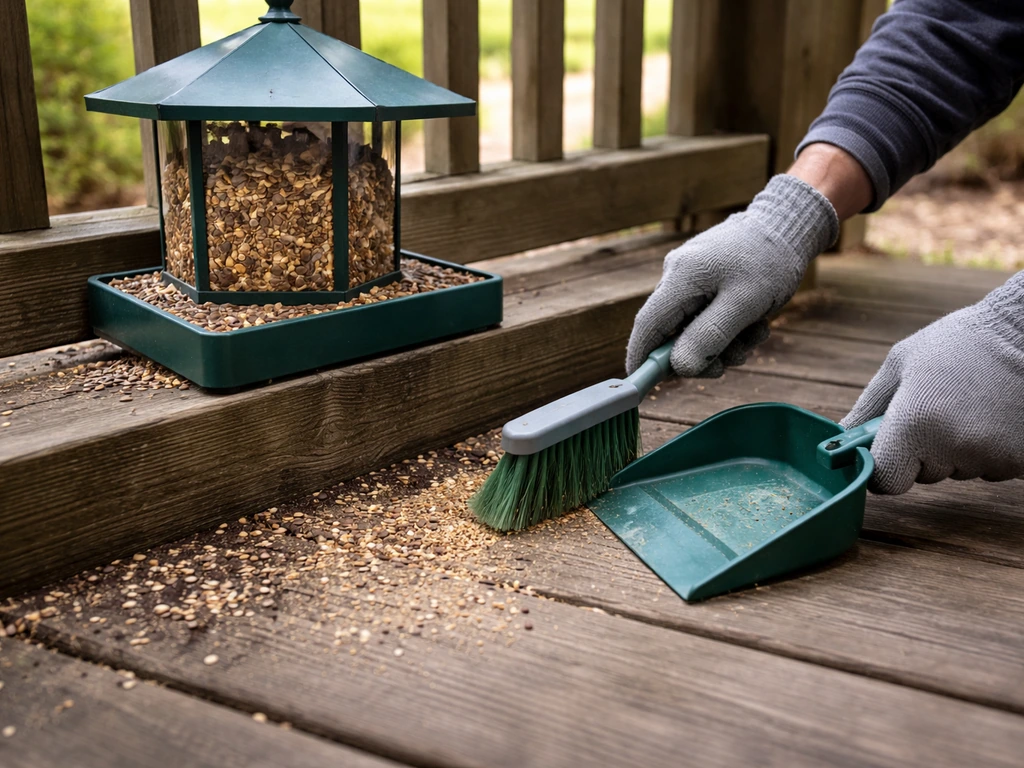 Cleaned seed spill area under a wildlife feeder with the feeder freshly set up outdoors