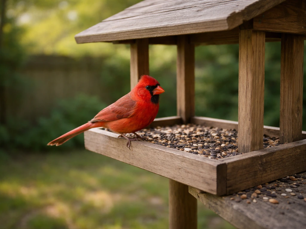 Bright red cardinal perched on a backyard bird feeder with a few cracked seed husks visible nearby.