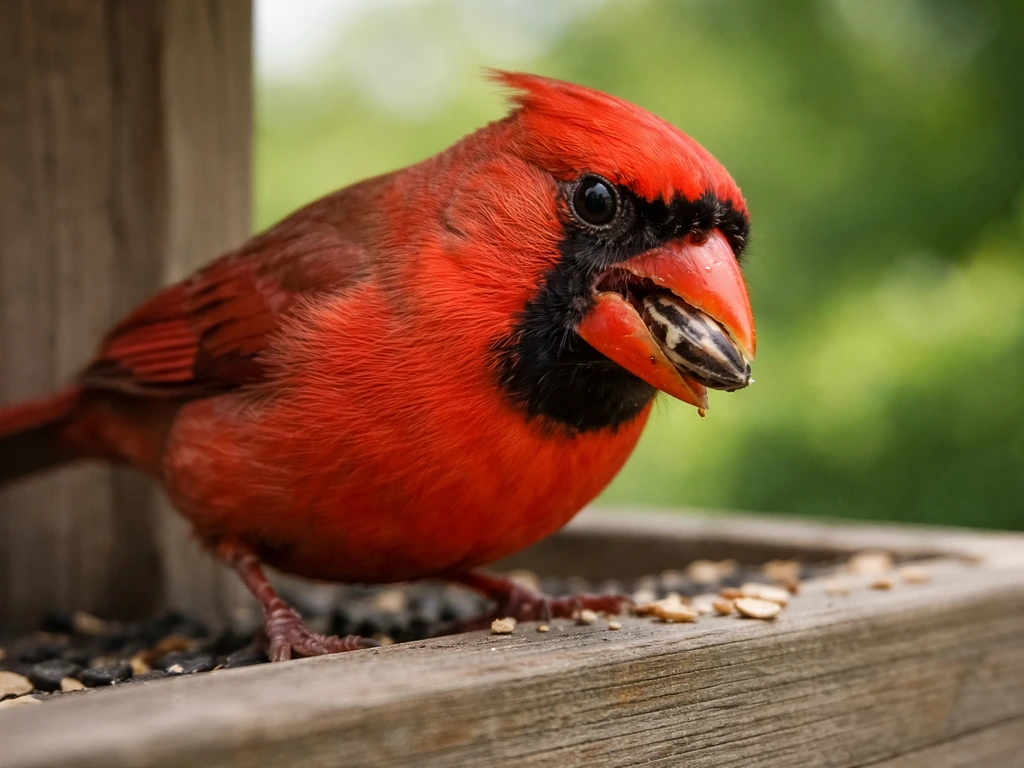 Close-up of a red cardinal at a backyard feeder cracking seed with its thick bill.