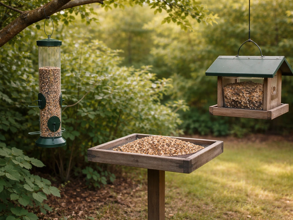 Backyard scene with three bird feeders—tube, platform, and hopper—set near shrubs for cardinals.
