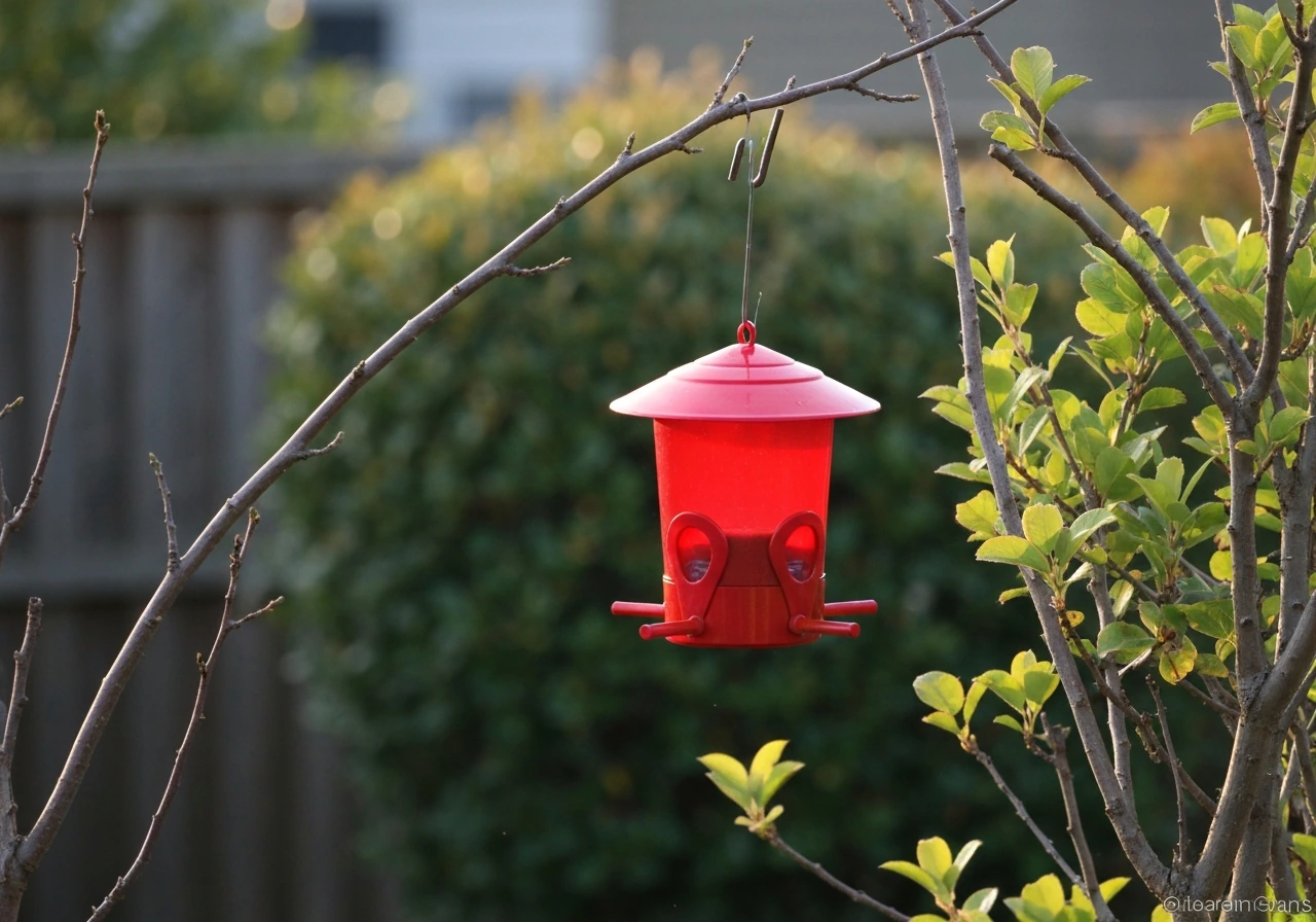 Bright red bird feeder hanging in a quiet backyard with nearby shrubs and perches.