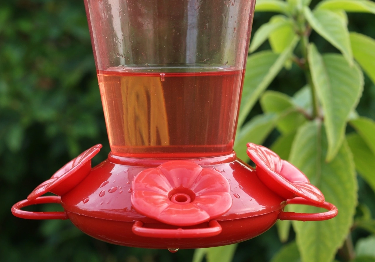 Close-up of a red hummingbird feeder with clear nectar and visible ports in soft natural light.