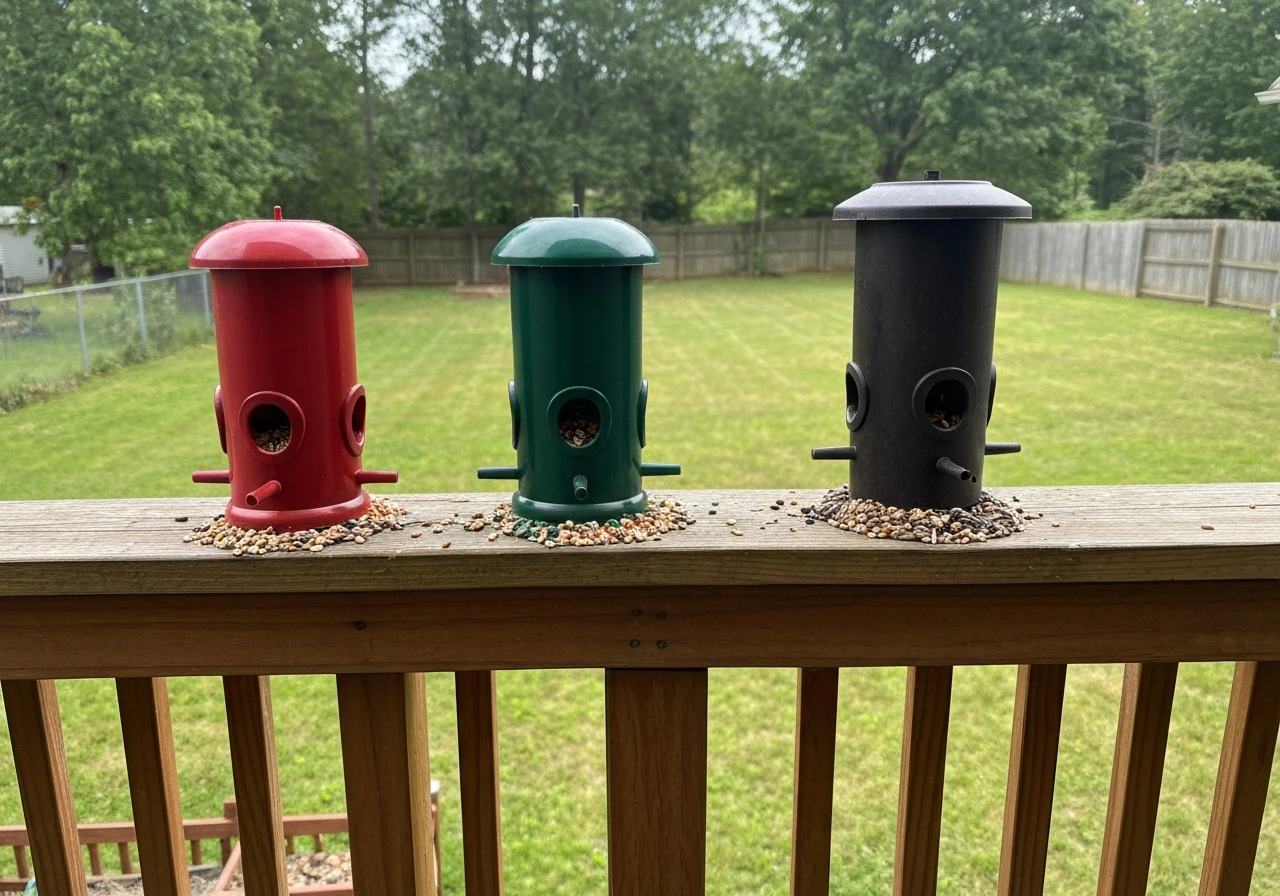 Three backyard bird feeders in different colors with mixed seed on a simple railing, no visible birds.