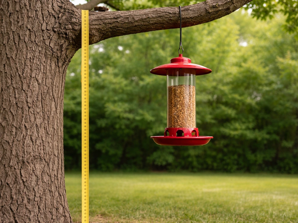 Red bird feeder hanging at about 5–6 feet with a measuring tape for height scale in a yard