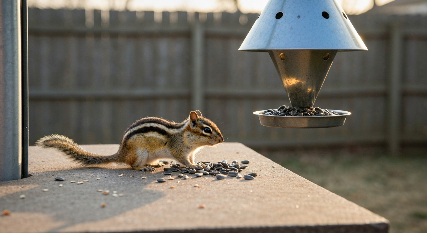 Eastern chipmunk eating spilled sunflower seeds beneath a pole-mounted bird feeder with a metal baffle and seed-catching tray in a backyard.