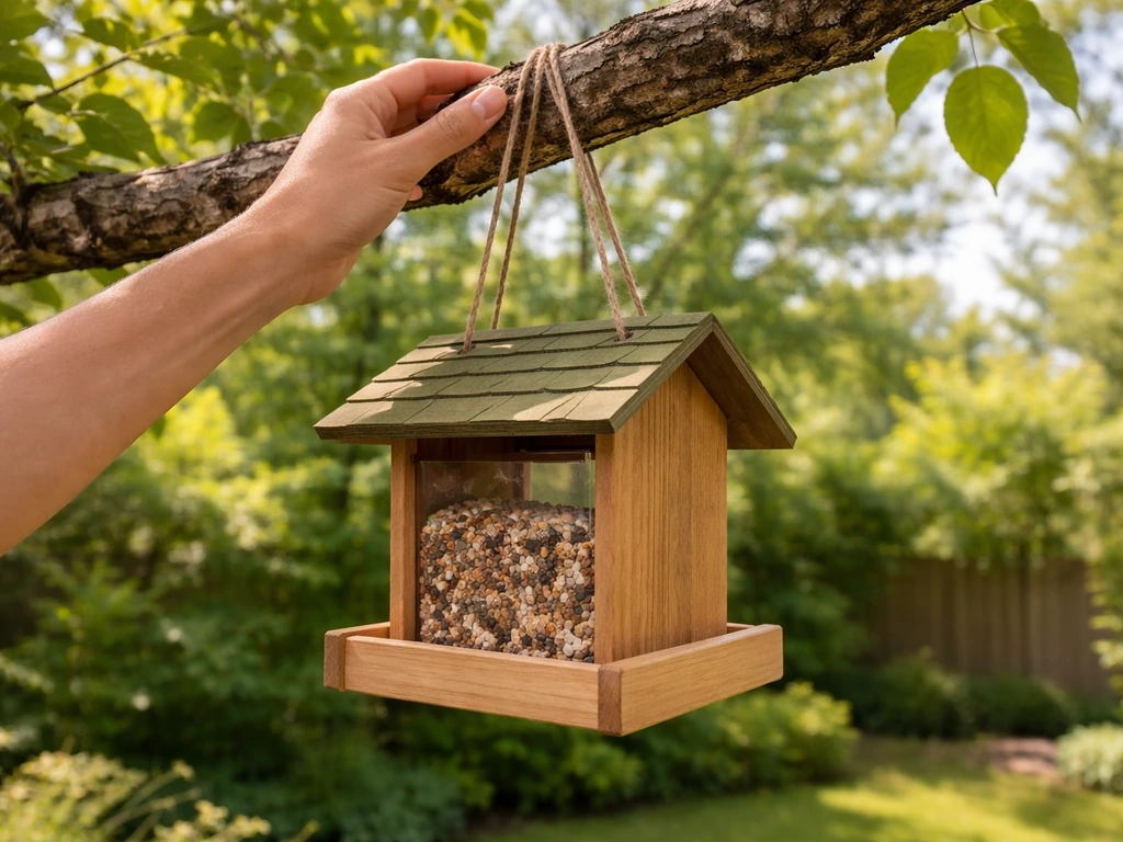 Bird feeder being re-hung on a branch in a backyard after weather, with green leaves in clear daylight.