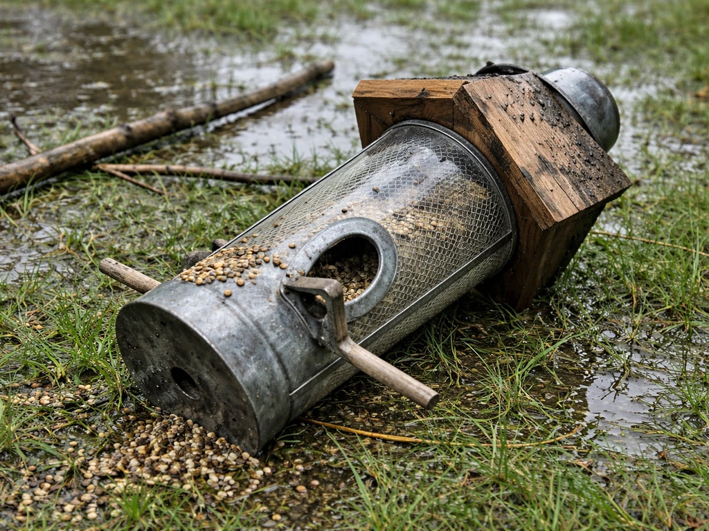 Wind-damaged bird feeder on the ground with visible cracks and a broken perch after a storm