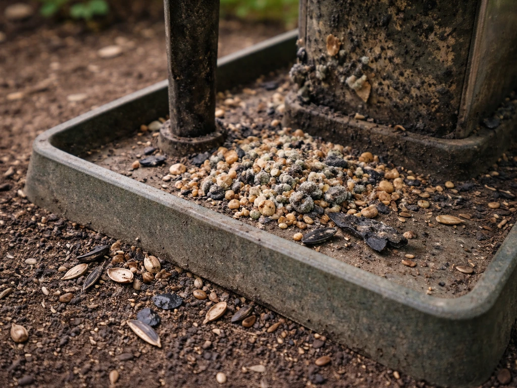 Close-up of a bird feeder area with chewed seed and gnawed parts, suggesting pests after wildlife issues.