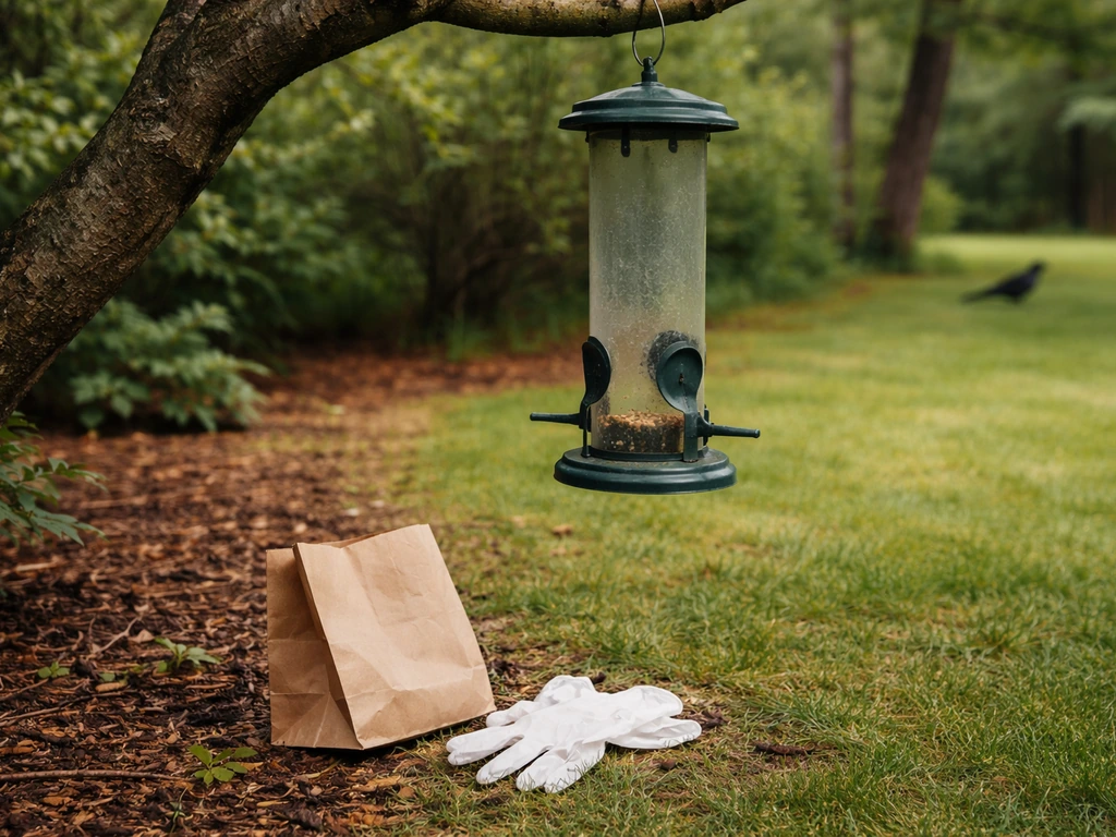 Empty bird feeder with gloves and a bag on the ground, suggesting safe removal of potentially contaminated seed.