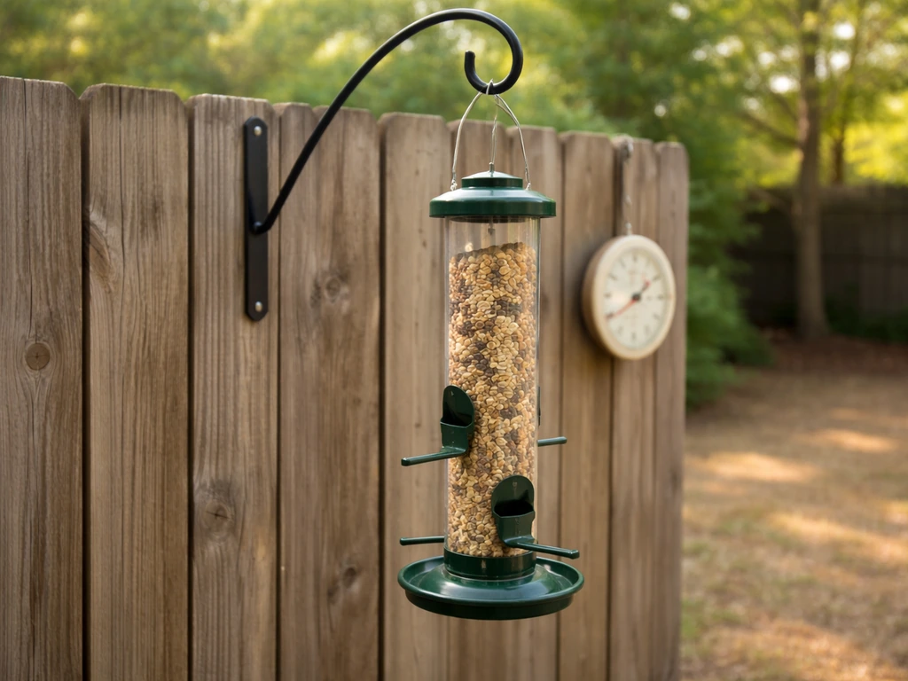 Clean, fully dry bird feeder reassembled and hung on a fence with a nearby small thermometer.