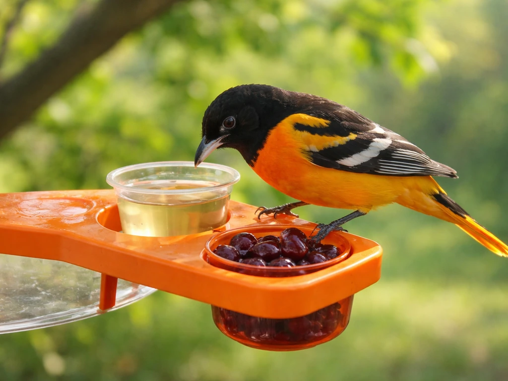 Bright oriole perched at an oriole feeder with clear nectar and a fruit/jelly option nearby.