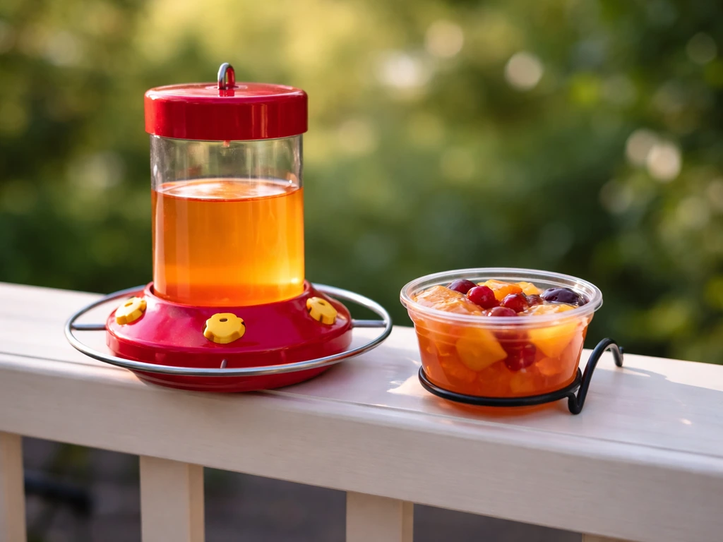 Close-up of an oriole feeder setup with fresh nectar reservoir and a separate fruit-and-jelly cup